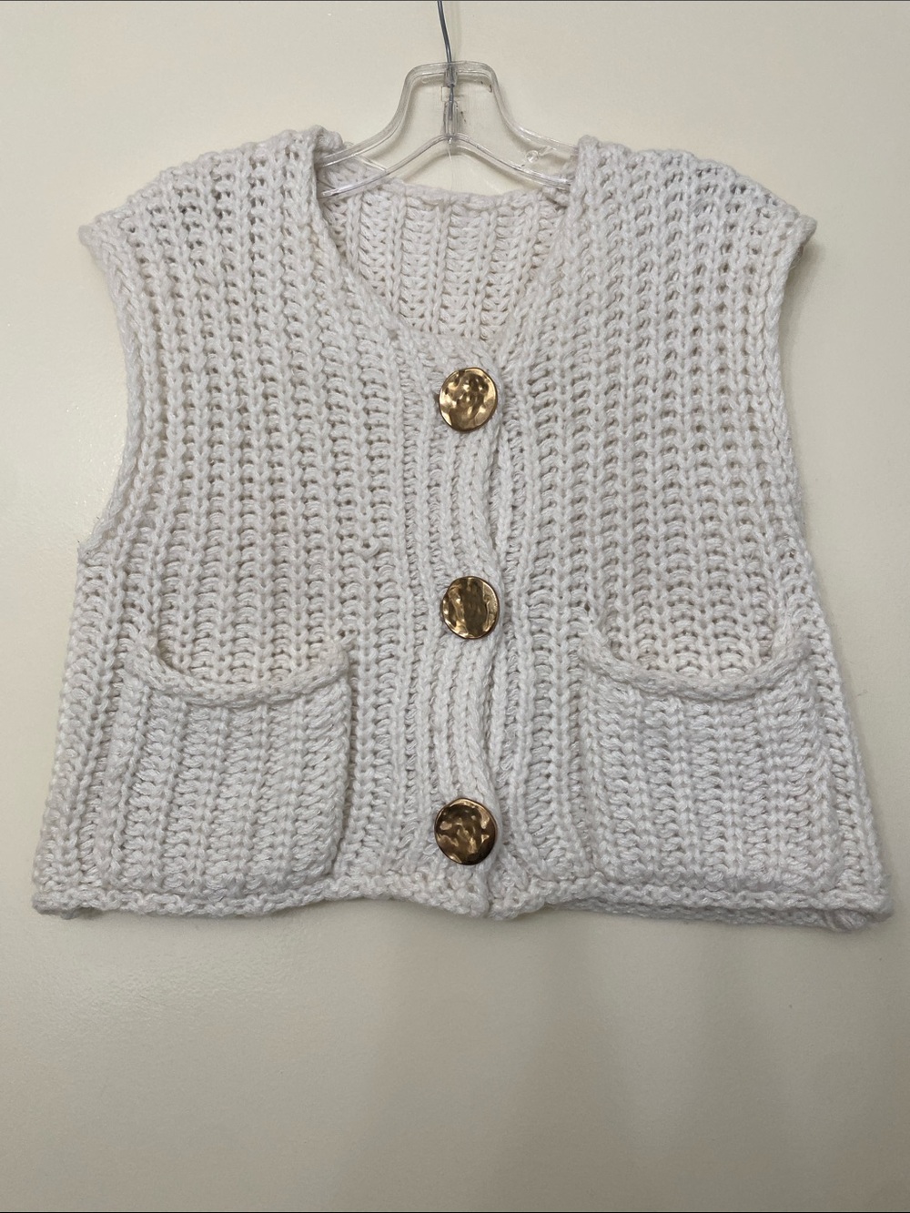 Cream Chunky Knit V-Neck Button Sweater Vest - Picture 2 of 4